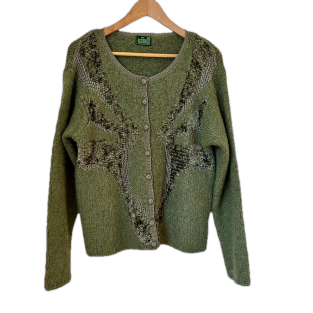 Vintage moss green mohair blend cardigan with crochet. Size M/L